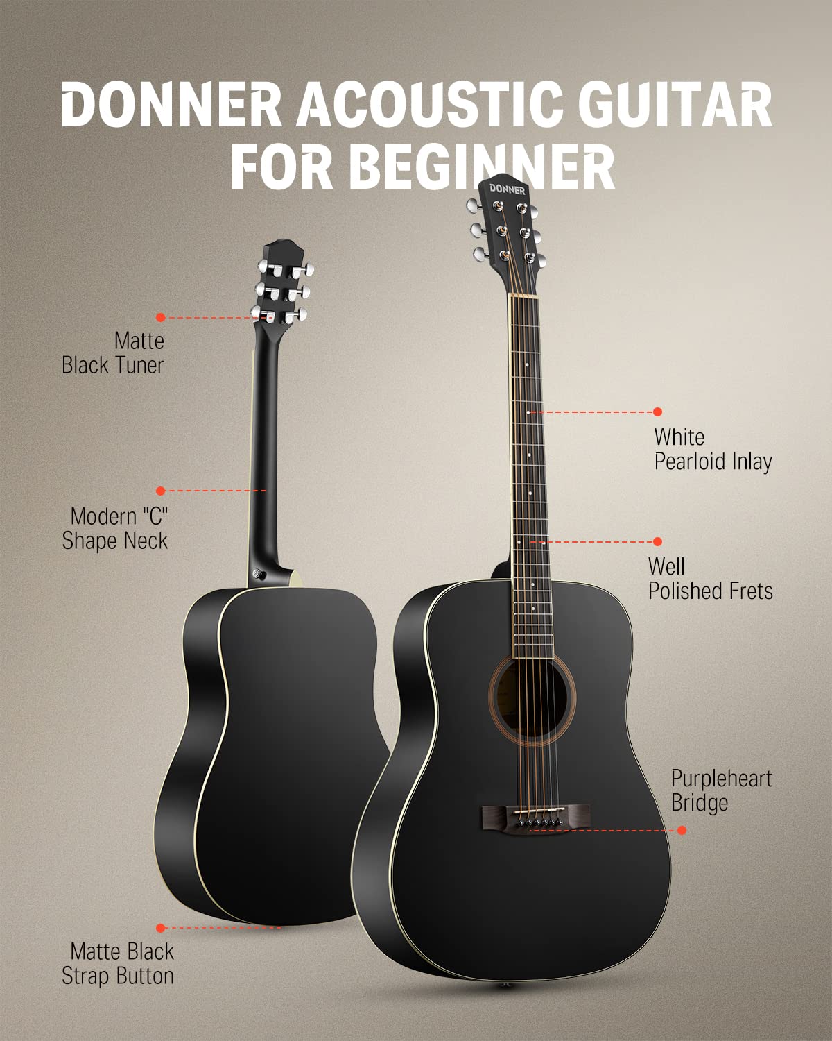 Donner 41'' Full Size Acoustic Guitar - Complete Beginner Kit for Adults, Teens with Free Online Lesson, Dreadnought Acustica Gu